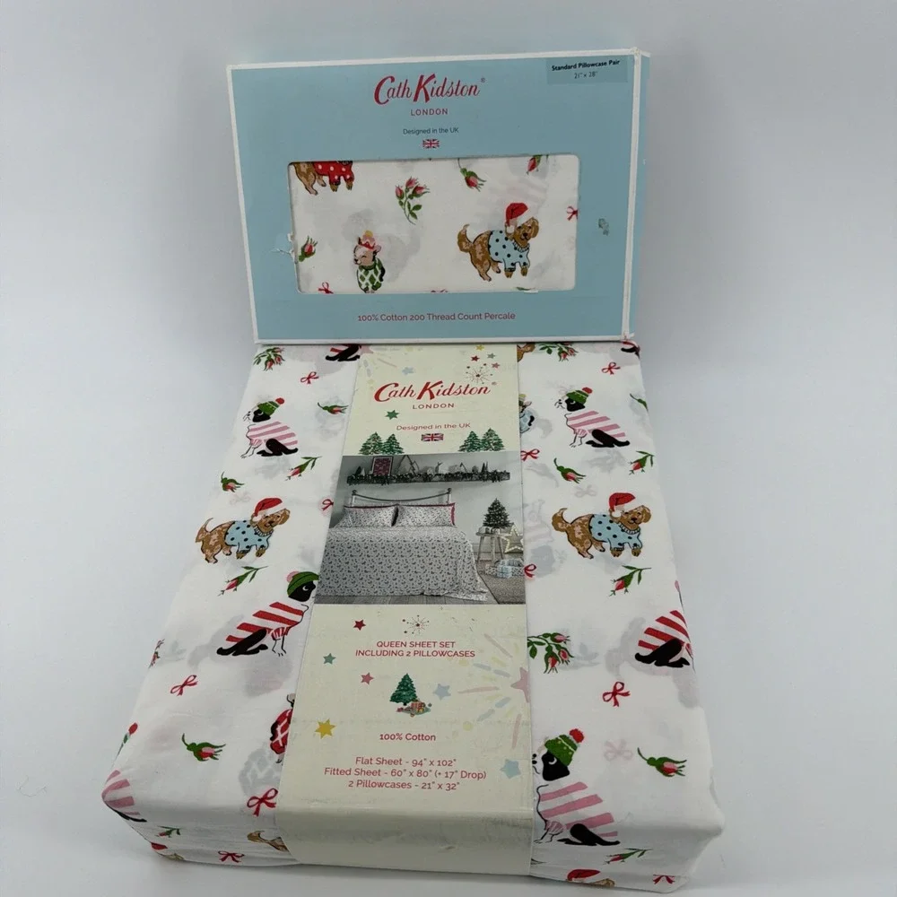 Cath Kidston London 6pc QUEEN Cotton Christmas ~ PUPPY LOVE PINK ~ Sheet Set New